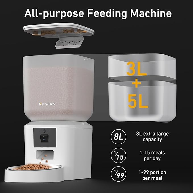Automatic Dog & Cat Feeder with Camera & WiFi – 8L/34 Cups, 1080P Night Vision, 2.4 & 5G WiFi, 2-Way Talk, 10s Voice Recording, Timed Food Dispenser, Up to 99 Portions, 15 Meals Per Day-Mewly Pet