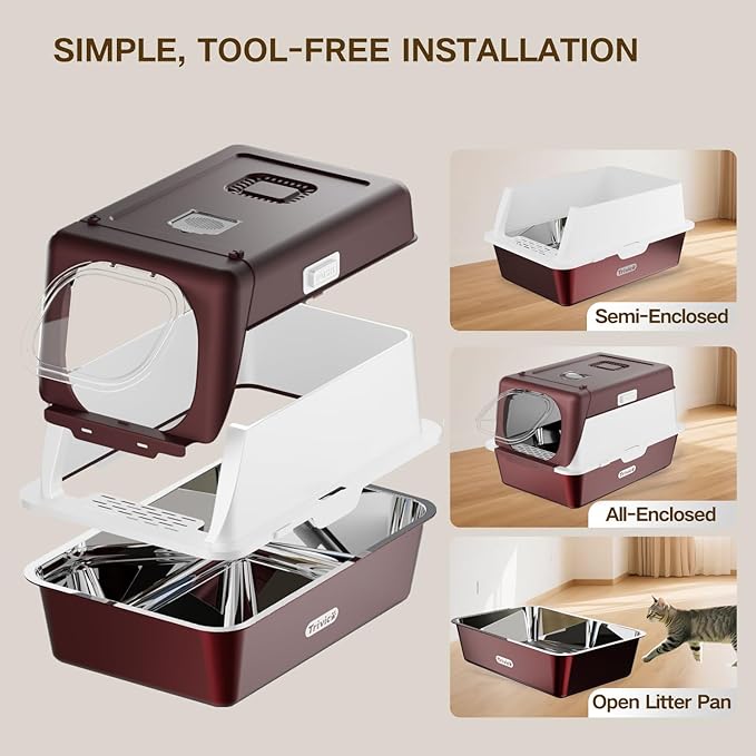 XX-Large Stainless Steel Cat Litter Box with Lid – Fully Enclosed Large Litter Box for Big Cats, Odor Control with Magnetic Door, Easy Clean, Multi-Cat Durable Metal Pan (Burgundy)-Mewly Pet