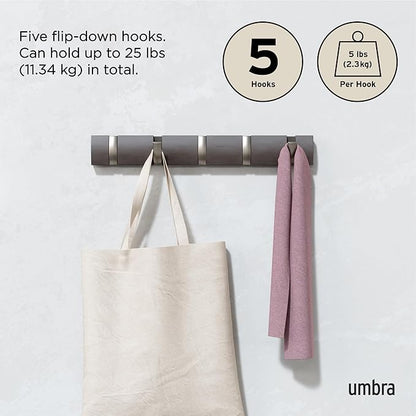 Umbra Flip Wall Mounted Floating Rack – Modern, Sleek, Space-Saving Coat Hanger with 5 Retractable, Driftwood/Nickel Hook