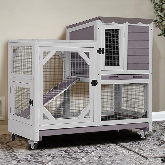 GUTINNEEN 2-Story Rabbit Hutch Indoor with Chew-Proof Design & Slide-Out Trays - Wooden Small Animal Cage Guinea Pig Cages with Lockable Wheels for 2-3 Rabbits, Bunnies, Guinea Pigs (Grey)-Mewly Pet