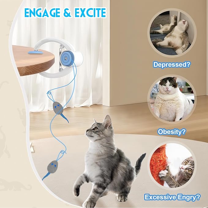 Cat Toy Interactive for Indoor Cats, Smart USB Rechargeable Door Hanging Automatic Retractable Kitten Toys, Teaser Electronic Self Play Feather Cat String Toy Attached with 3 Catnip Mice White-Mewly Pet