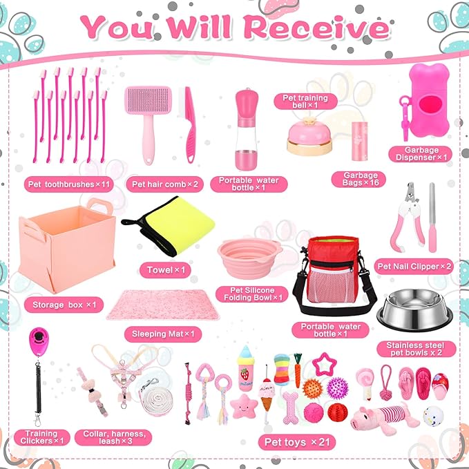65 Pcs Puppy Supplies Starter Kit Small Dog Essentials Includes Dog Leash, Toys, Bowl, Brushes, Water Bottles, pet Blankets Puppy Accessories for New Welcome Gift Supplies(Cute,Pink)-Mewly Pet