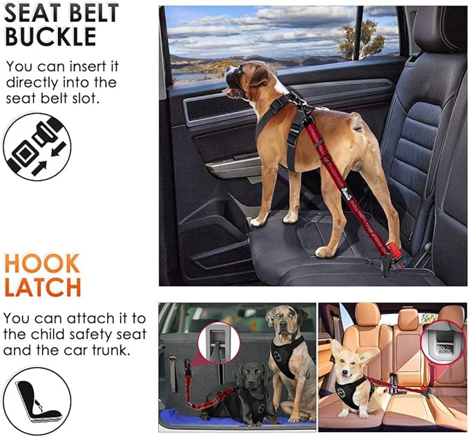 SlowTon Dog Seat Belt, Adjustable Dog Safety Belt Leash, 2 in 1 Latch Bar Attachment Dog Car Seatbelt with Elastic Nylon Bungee Buffer, Reflective Nylon Belt Tether Connect to Dog Harness (Red)-Mewly Pet