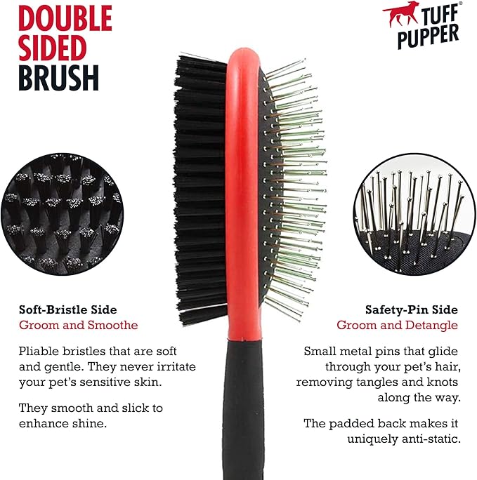 Tuff Pupper Double Sided Dog Brush, Detangling Tool for Dogs and Cats, Pin & Bristle Pet Brush, for and Hair Types, With Comfort-Grip Anti-Slip Handle, Brown, Black, White-Mewly Pet