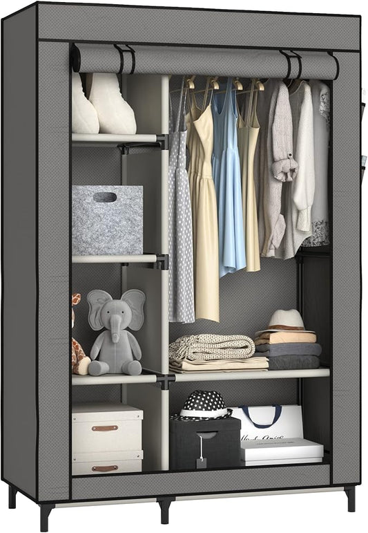 Buzowruil Portable Closet Wardrobe - 6-Shelf Storage with Hanging Rail, Non-Woven Fabric, Dust-Resistant, Easy Assembly, Space-Saving Design, Grey