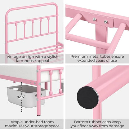 Yaheetech Classic Metal Platform Bed Frame Mattress Foundation with Victorian Style Iron-Art Headboard/Footboard/Under Bed Storage/No Box Spring Needed/Twin Size Pink