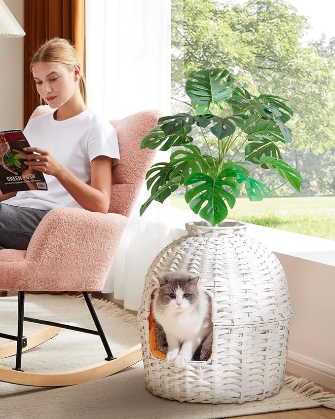 Cat Litter Box Plant Enclosure, Hidden Handwoven Rattan with Cat Litter Box Furniture and Artificial Plants, Odor Control Filter, Real Stones in Living Room, Bedroom, Corner (White)-Mewly Pet