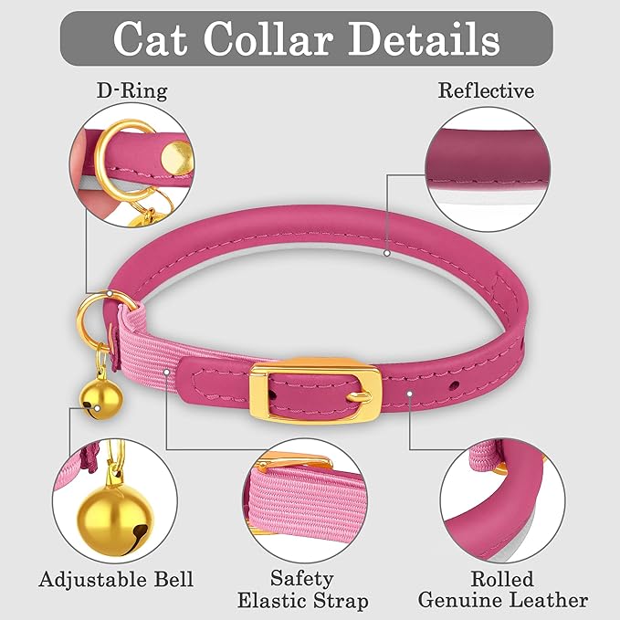 OOPSDOGGY Rolled Leather Cat Collar with Bell - Reflective Kitten Collar with Safety Elastic Strap - Adjustable Small Pet Collars for Boy Girl Cats (Fuchsia)-Mewly Pet