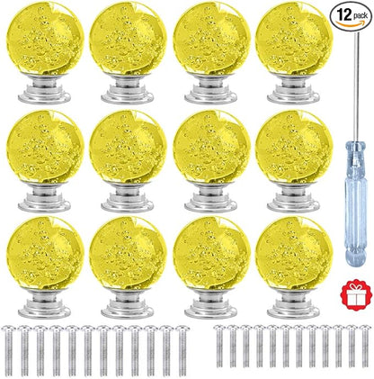 12 Pcs 30mm Round Shape Bubble Crystal Glass Cabinet Knobs with Screws Drawer Knob Pull Handle Used for Kitchen, Dresser, Door, Cupboard (Yellow)