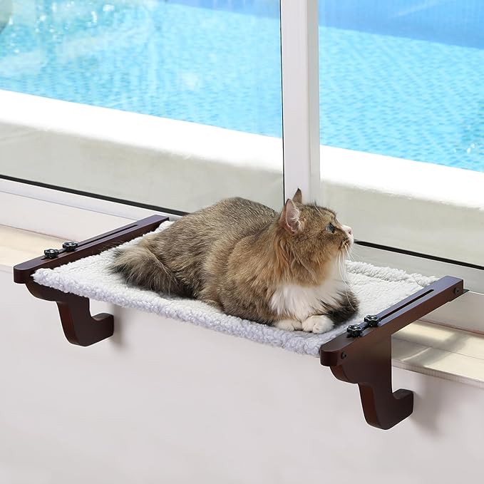 Easy Seat Cat Perch for Window Sill - Hammock Design w/Premium Wood & Robust Metal Frame - Cat Window Seat for Large Cats and Kittens (Dark Stained Wood w/Gray Bed, Medium (23''W x 14''D))-Mewly Pet