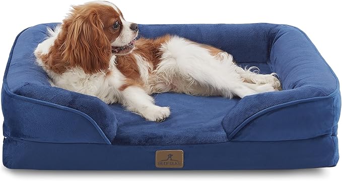 Bedfolks Orthopedic Dog Bed, Waterproof Dog Sofa Bed for Medium Dogs, Egg Foam Pet Couch Bed with Removable Washable Cover and Nonslip Bottom, Navy Blue-Mewly Pet