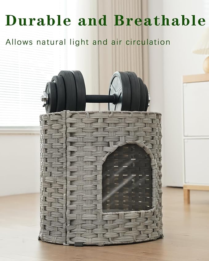 Cat House for Indoor Cat, Large Double Cat Houses Cat Bed Cave, Handwoven Rattan Pet Beds with One Soft Pad, 17 x 17 x 17 Inches Foldable Kitten Hideaway in Living Room Gray-Mewly Pet