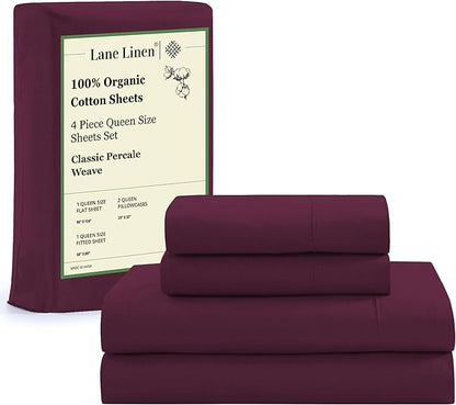 LANE LINEN 100% Organic Cotton Sheets Queen Size, Classic Percale Weave Fully Elasticized Breathable Queen Cotton Sheet Set, Machine Washable Soft & Comfy Queen Sheet Set - Windsor Wine