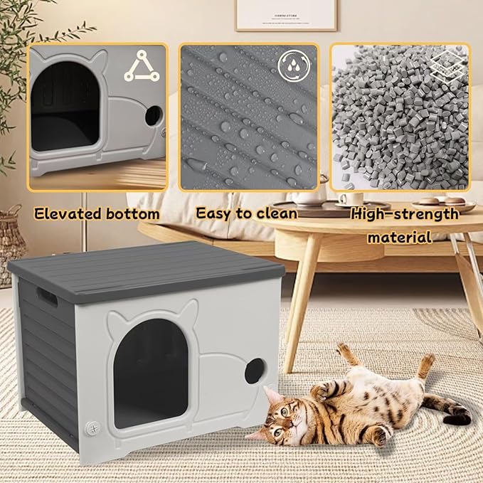 Plastic Outdoor Cat House Waterproof Feral Cat Shelter(Gray)-Mewly Pet