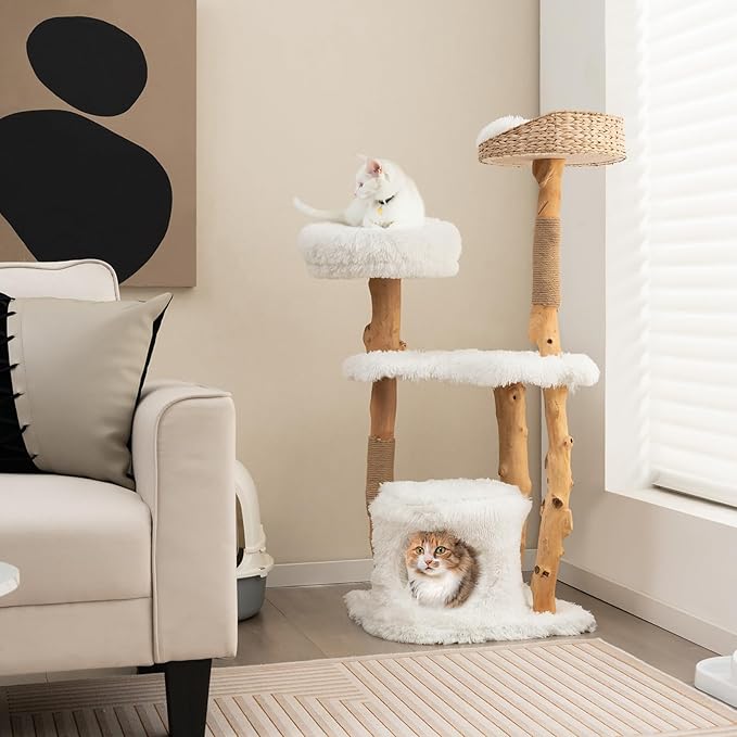 Tangkula Cat Tree Tower, Solid Wood Modern Cat Tower with Top Cattail Basket Bed, Side Perch, Large Platform & Condo, Cute Cat Tree with Scratching Posts for Indoor Cats Large Adult-Mewly Pet