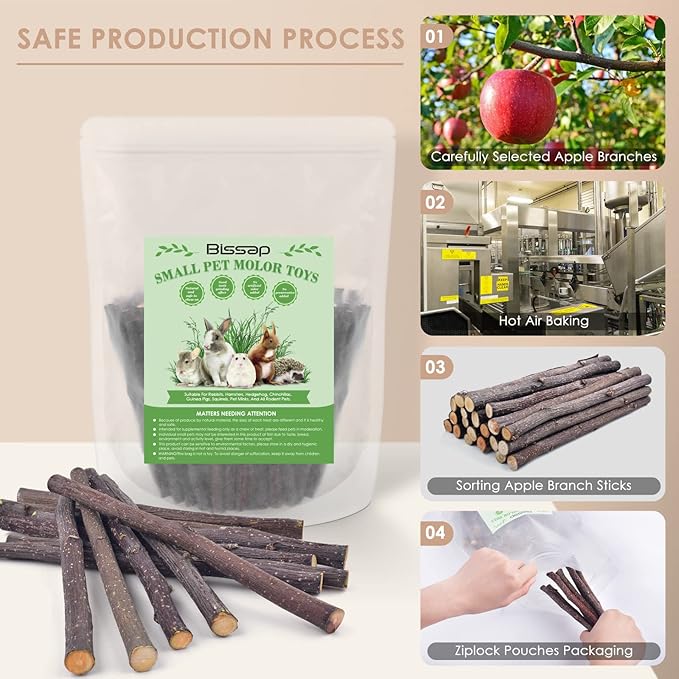 Bissap 120g/4.2oz Apple Sticks for Rabbits, Natural Bunny Chew Toys and Treats for Chinchilla Guinea Pig Hamster Gerbil Small Animals Pet Apple Wood Stick Toys Teeth Grinding-Mewly Pet