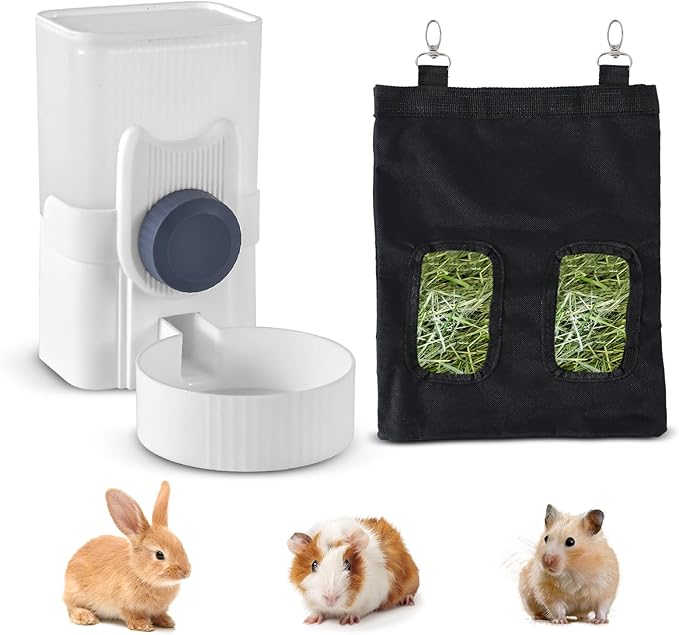 Rabbit Water Bottle 33oz Hamster Water Bottle Hanging Guinea Pig Water Dispenser Include Hay Feeder Bag Set for Bunny Small Pet Animal-Mewly Pet