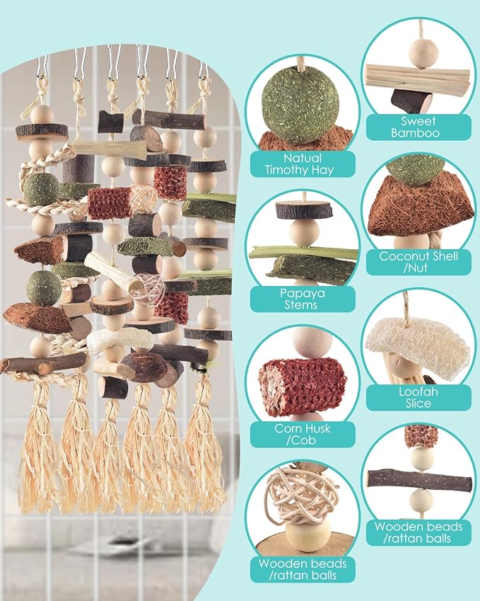 6PCS Bunny Chew Toys, Hamster Rabbit Cage Hanging Chew Toys, Natural Apple Wood Bunnies Treats, Improve Small Animal Teeth Health for Guinea Pig Chinchilla Ferret Rats Gerbil-Mewly Pet