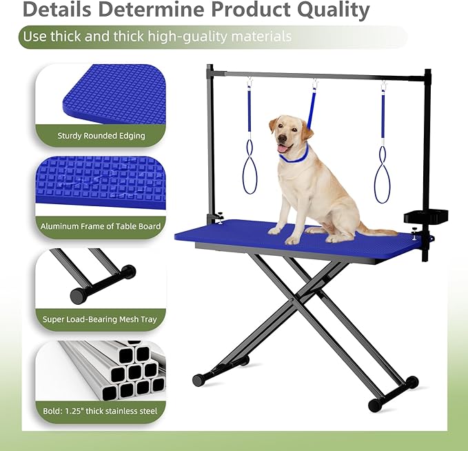 VFK 47'' Large Dog Grooming Table X-Lift Foldable Grooming Table for Dogs at Home Adjustable Height Arms Pet Station with Nooses, Mesh Tray, Tool Organizer-Mewly Pet