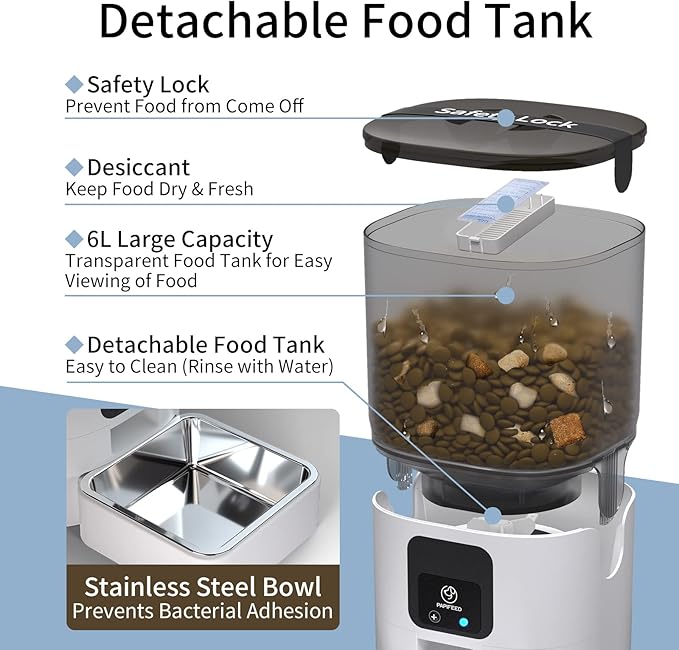 PAPIFEED Smart Automatic Cat Feeders: WiFi Pet Feeder with APP Control for Remote Feeding, Detachable for Easy Clean, Automatic Cat Food Dispenser with Alexa,1-10 Meals Per Day for Dog (6L/25Cup)-Mewly Pet