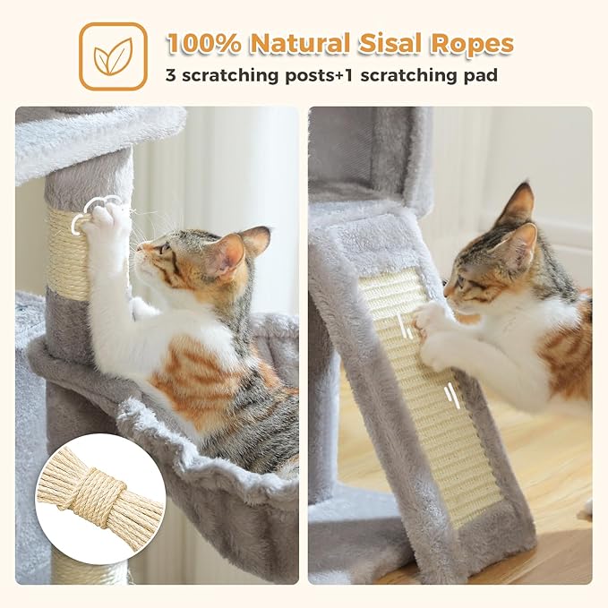PAWZ Road Cat Tree, 51.6 Inches Cat Tower with Dual Condos, Spacious Perch, Cozy Basket and Sisal-Covered Scratching Posts for Indoor Cats- Gray-Mewly Pet