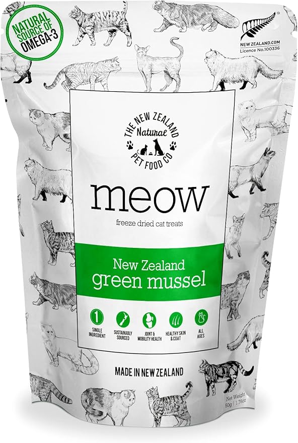 Meow Freeze Dried Cat Treats - New Zealand Green Mussel, High Protein, Healthy Cat Snacks and Toppers, All Natural for All Life Stages, 1.76 oz-Mewly Pet