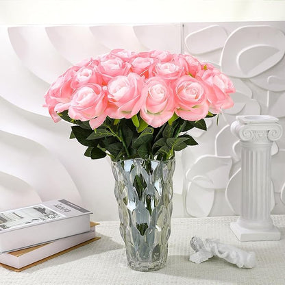 32 Pcs Light Pink Artificial Flowers Bulk, 20" Silk Gradient Blush Pink Real Touch Roses for DIY Wedding Bridal Bouquets, Centerpieces, Home Decor