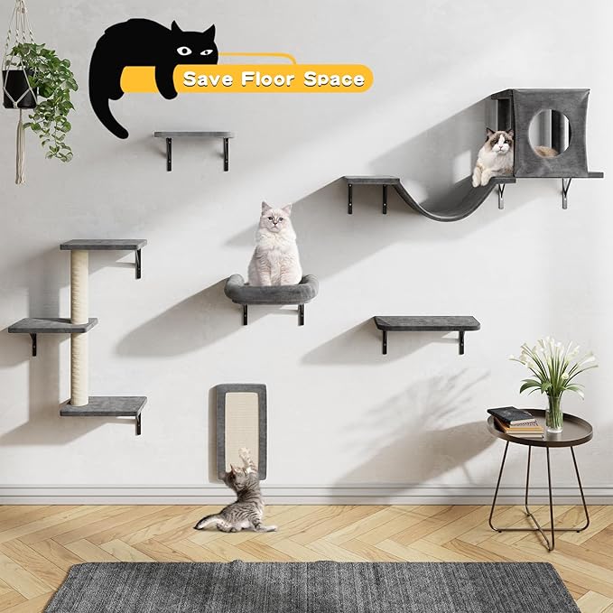 NUNU LAB Wall Mounted Cat Climber Set, 6 Pcs Cat Furniture Set with House, Bridge, Steps, Scratcher Board and Hammock, Shelves for Indoor, Luxury Walls Furniture(Dark Grey)