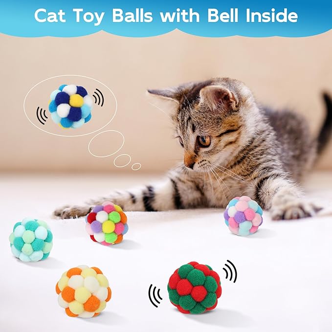 TUSATIY Interactive Cat Ball Toy, 6PCS Fuzzy Kitty Balls with Bells,Cats Pom Pom Balls for Kittens to Keep Busy,Colorful Cat Chew Toys for Indoor Cats-Mewly Pet