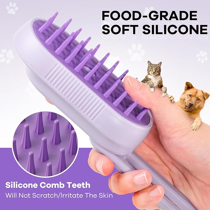 Cat Steam Brush for Shedding, 4 in 1 Rechargeable Steam Brush for Cats and Dogs, Anti-Static, Massage, Cleaning, Shedding & Combing All In One! (purple)-Mewly Pet