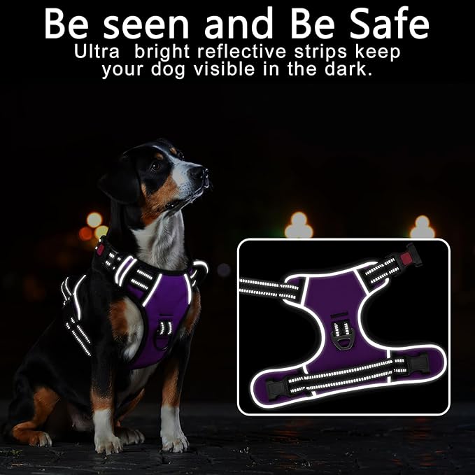Timos Dog Harness Large Sized, No Pull with Neck Lockable Snap,No Choke Front Clip Dog Reflective Harness,Adjustable Metal Rings 3 Buckles,Easy Control Handle for Large Dogs Purple L-Mewly Pet