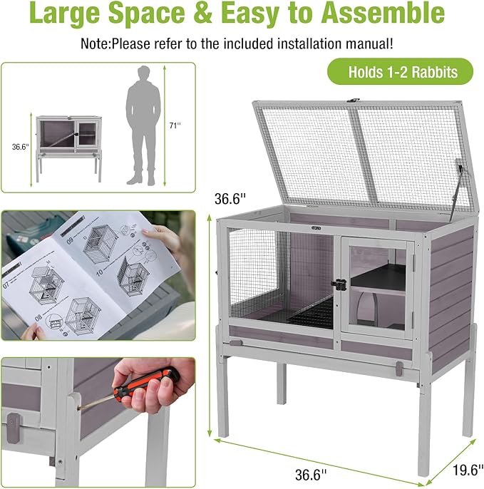 GUTINNEEN Rabbit Hutch Bunny House, 36.6" L Rabbit Cage with Anti Chewing Ramp, Guinea Pig Cage with Cooling Galvanized Sheet, Detachable Legs(Grey)-Mewly Pet