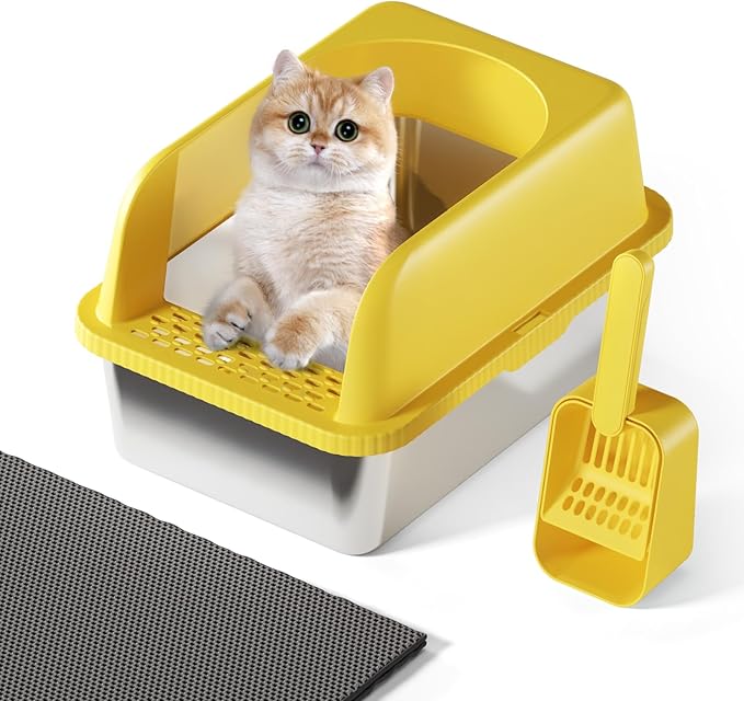 Stainless Steel Cat Litter Box with Lid, 20" L x 14.2" W x11.8 H, Large Cat Litter Box for Multiple Cats with High Sided, No-Leak & Stick, Easy to Clean, Includes Litter Mat & Multi Functional Scoop-Mewly Pet