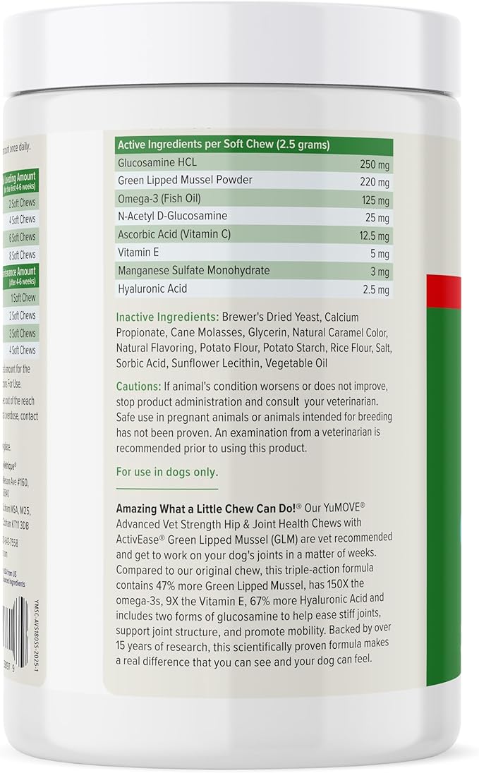 Yumove Hip & Joint Supplement for Dogs with Glucosamine, Hyaluronic Acid, Green Lipped Mussel & Omega 3 Joint Supplement - Regular or Advanced Strength (180ct, Advanced Vet Strength Soft Chews)-Mewly Pet