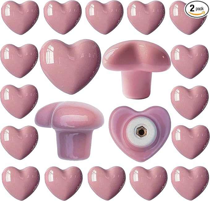 Ceramic Drawer Knobs Heart Shape Cabinet Dresser Pulls Handles with 3 Sized Screws, Kitchen Furniture Knobs for Closet Cupboard Wardrobe (20, Pink)