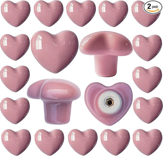 Ceramic Drawer Knobs Heart Shape Cabinet Dresser Pulls Handles with 3 Sized Screws, Kitchen Furniture Knobs for Closet Cupboard Wardrobe (20, Pink)