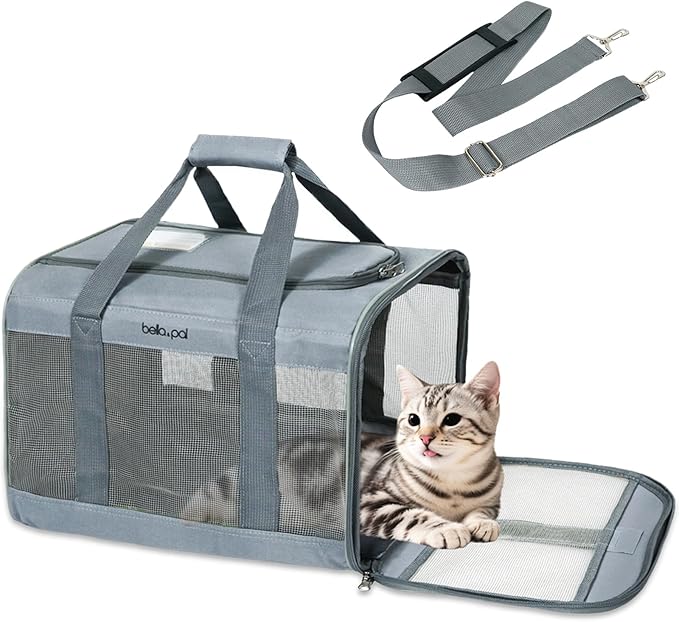 BELLA & PAL Cat Carrier Travel Bag, Airline Approved Lightweight Cat Carrier, Soft Sided Pet Carrier for Puppy Dogs Up to 18lbs, Collapsible Kitten Bag with Removable Waterproof Mat, Ventilated Mesh-Mewly Pet