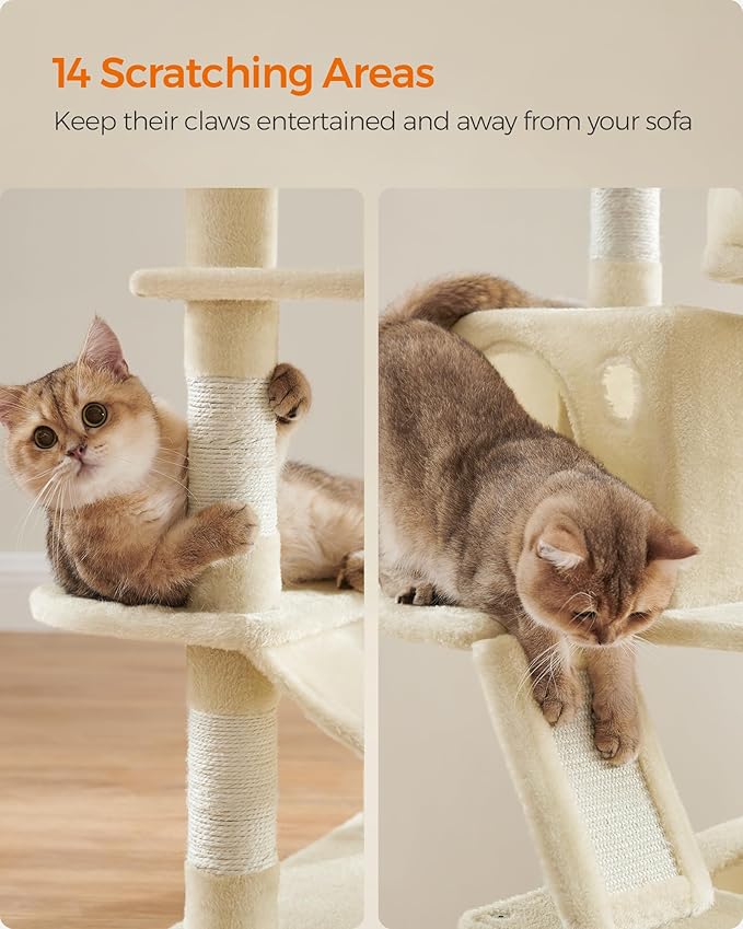 Feandrea Cat Tree, 66.1-Inch Large Cat Tower with 13 Scratching Posts, 2 Perches, 2 Caves, Basket, Hammock, Pompoms, Multi-Level Plush Cat Condo for Indoor Cats, Beige UPCT165M01-Mewly Pet