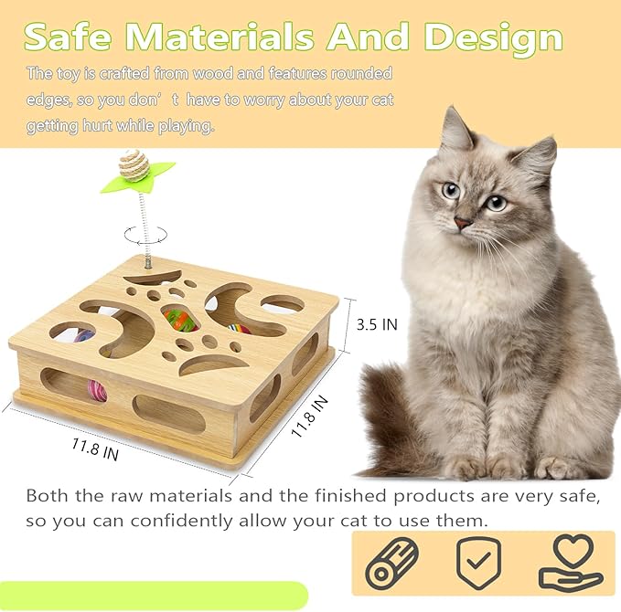 Interactive Wooden Cat Puzzle Toy Box Indoor Hunting Play Toy to Stimulate Your Cat’s Energy and Instincts (Burlywood)-Mewly Pet