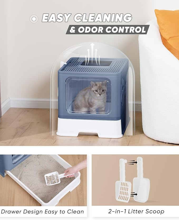 Enclosed Cat Litter Box, Large Litter Box for Big Cats, Covered Kitty Litter Boxes with Lid, Top Entry Cat Box Enclosure with Scoop, Odor Control, Easy to Clean(Blue)-Mewly Pet