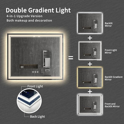 Vanity Mirror with Lights, 48x40 Inch Gradient Front and Backlit Smart Mirror, 3 Colors Dimmable CRI>90 Double Lights, IP54 Enhanced Anti-Fog, Hanging Plates Wall Mount LED Mirror