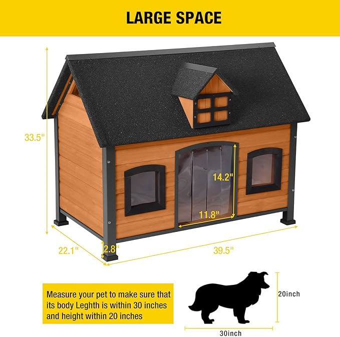 Aivituvin Large Dog House Anti-Chewing Metal Frame Design Insulated Wooden Dog Kennel with Unique Design Roof, Weatherproof Dog House for Outdoor Indoor-Mewly Pet