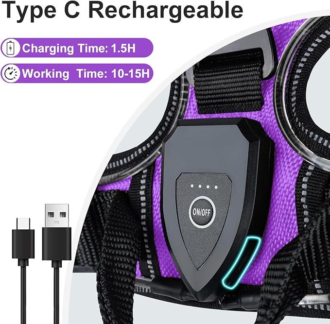 Taglory Light Up Dog Harness, Rechargeable No Pull Dog Vest with 3 Lightning Modes, Reflective Dog Harness with 2 Leash Clips & 4 Adjustable Slide Strips for Medium Dogs, Purple-Orange, M-Mewly Pet
