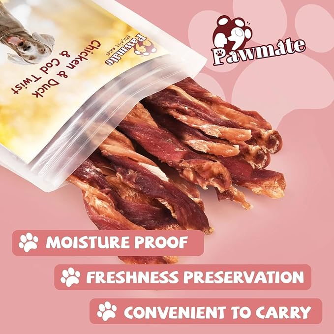 Dog Jerky Treats Triple Flavor Chicken Duck Wrapped Cod Twisted Sticks 5'', Rawhide Free Grain Free Dog Training Snacks Chews for Small Medium Large Dogs, 10.6 oz-Mewly Pet