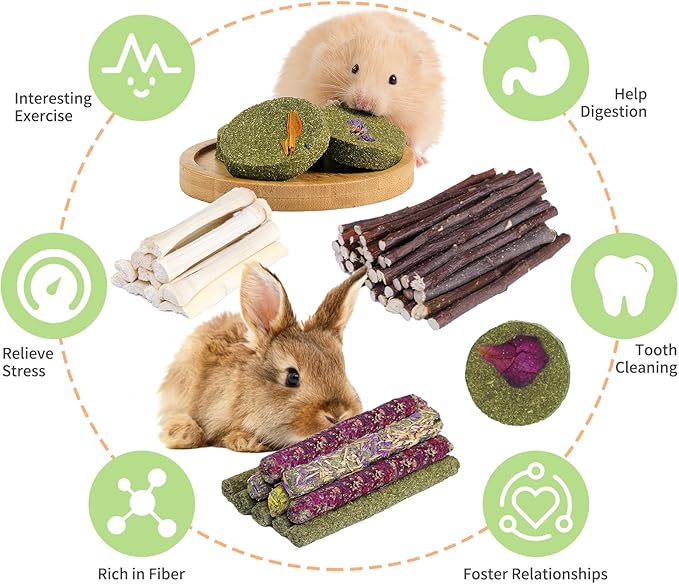 50-60 Pcs Rabbit Chew Toys, Guinea Pig, Hamster, Bunny Chew Toys, Sweet Bamboo, Apple Stick, Timothy Stick, Prevent Teeth Overgrowth, Clean Teeth-Mewly Pet