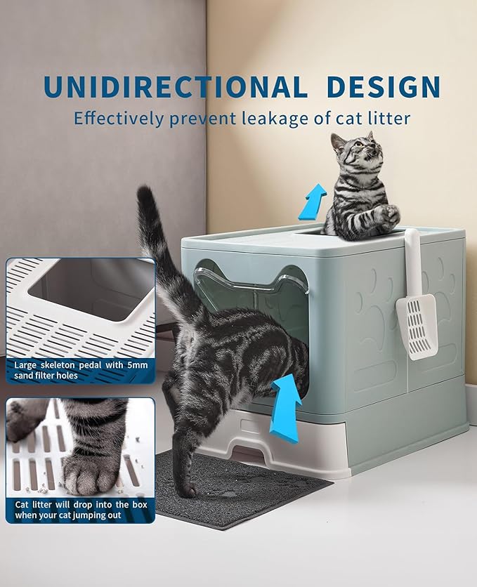 Cat Litter Box with Litter Mat and Scoop, Large Foldable Litter Box with Lid, Front Entry Top Exit Kitty Box, Odor Control, Easy to Clean (Blue)-Mewly Pet