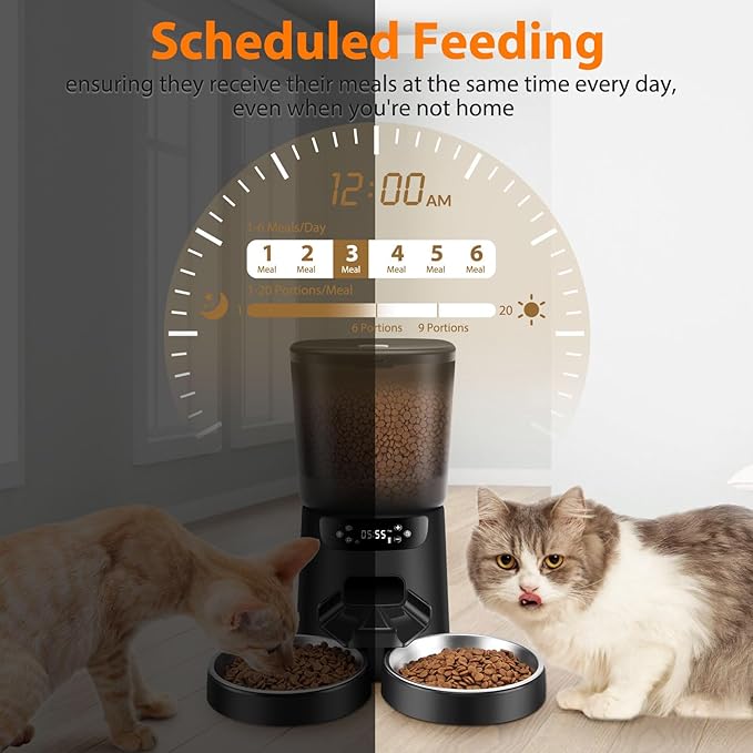 Automatic Cat Feeder and Water Fountain, 5L/20 Cups Timed Cat Dry Food Dispenser, 10s Meal Call, 20 Portions 6 Meals Per Day, 2L Cats Fountains for Drinking with Filter, Pet Feeder for Dog Black-Mewly Pet