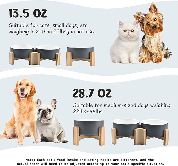 SPUNKYJUNKY 15° Slanted Ceramic Dog and Cat Bowl with Wooden Stand, Tilted Bulldog Food and Water Bowl No Slip Non-Spill for Cats Medium Dogs Big Face Pets 13.5 OZ (1.7 Cups, White-Grey × 2)-Mewly Pet