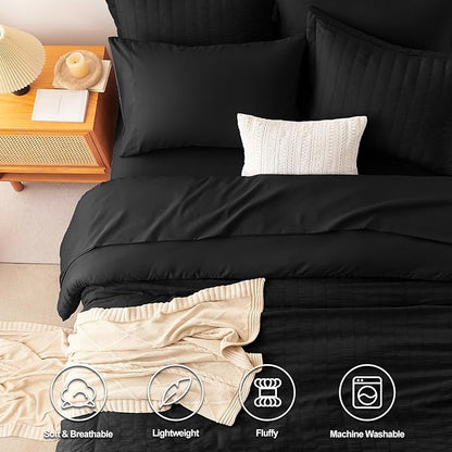 CozyLux California King Comforter Set with Sheets 7 Pieces, Black Seersucker Bed in a Bag Cal King Luxury Soft Bedding Sets with Down Alternative Comforter, Sheets, Pillowcases & Shams for All Season