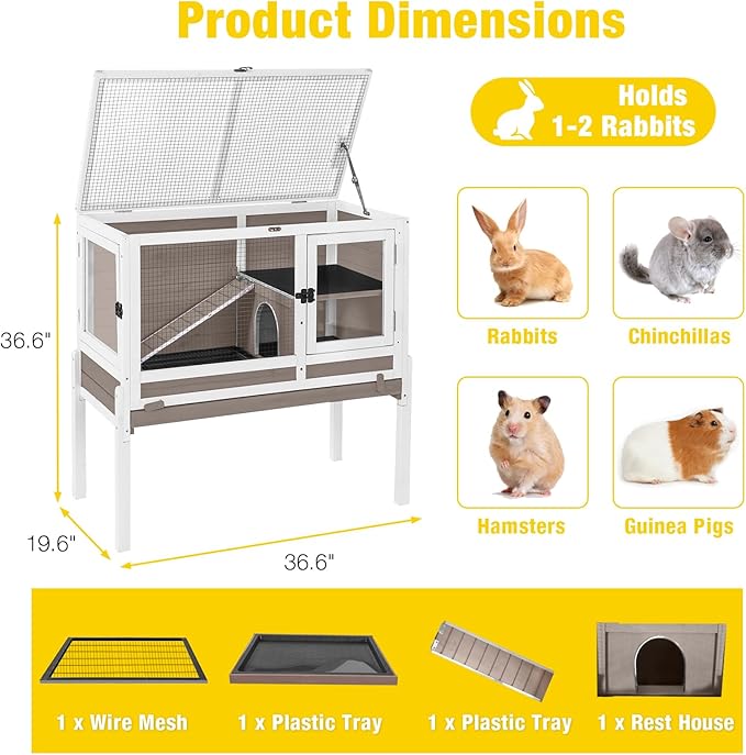 Aivituvin 2-Story Rabbit Hutch with Anti-Chew Ramp & Zinc Sheet - 36.6" Indoor Guinea Pig Cage, Wooden Stand, Pull-Out Tray & Leakproof Floor (Brown)-Mewly Pet